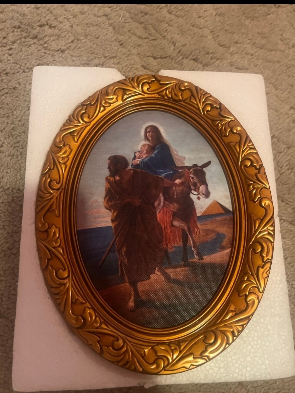 Oval Gold Toned Frame With Stand "Flight Into Egypt" Joseph, Mary And Jesus